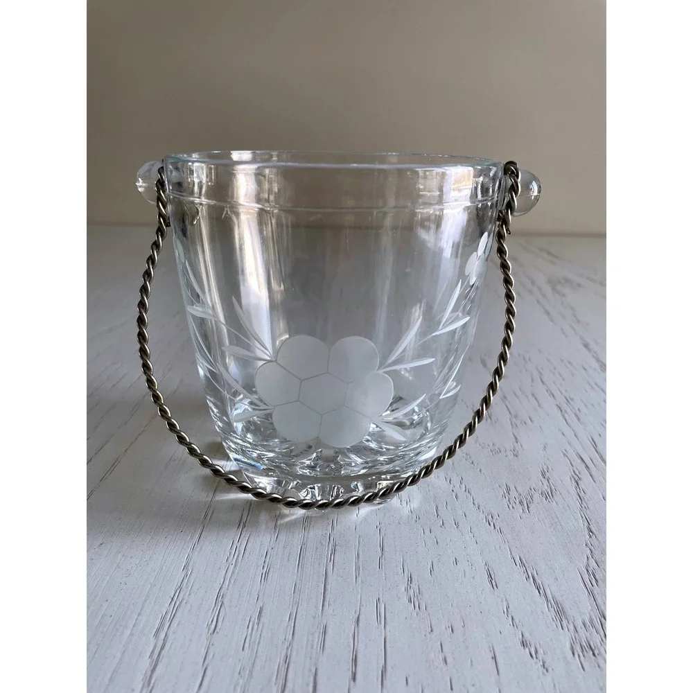 Vintage Midcentury Glass Ice Bucket Etched Floral Design Twisted Metal Handle 5